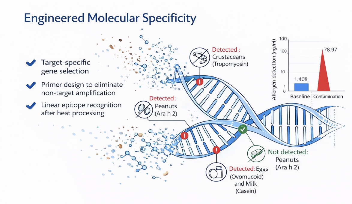 Engineered molecular specificity diagram showing target-specific gene selection and allergen detection.